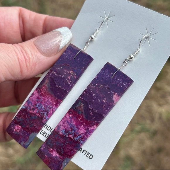 Navajo Crafted Purple Mojave Slab Dangle Earrings - Picture 5 of 15